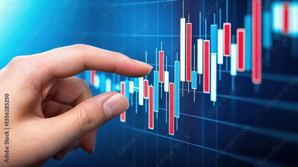 Poster data analysis, hand navigating interactive bar chart on computer screen for business insights
