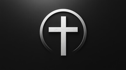 Obraz premium Silver cross symbol on dark background, religious faith, spirituality, Christianity, Easter themes, sacred art, worship, hope, minimalist design.