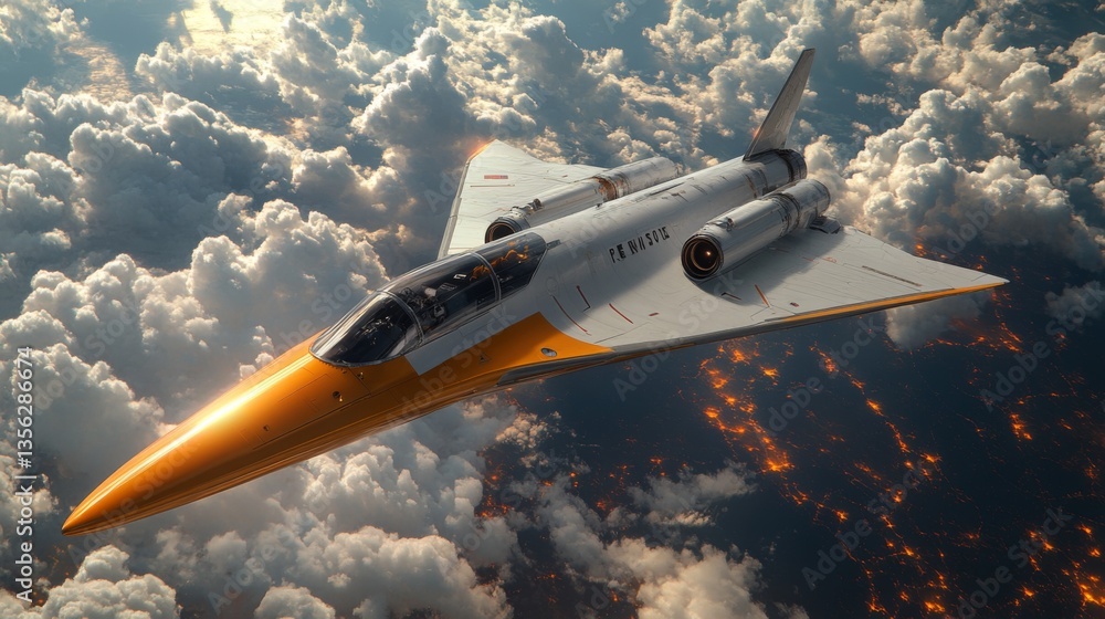 Poster a futuristic spaceplane navigates through the upper atmosphere, featuring sleek design and cutting e