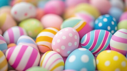 Fototapeta premium Colorful Easter eggs in various patterns, holiday decorations, spring celebration, family traditions, festive atmosphere, vibrant pastels, seasonal joy, egg hunt.
