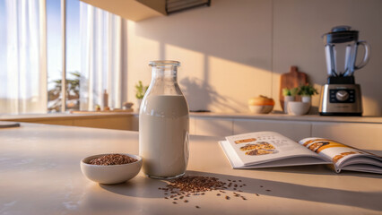 A plate of chocolate treats and a bottle of milk in a bright, modern kitchen with natural sunlight streaming through the windows. Ideal for content related to breakfast, desserts, and kitchen lifestyl