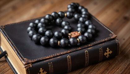 Solemn black prayer beads on leather Bible, reflection and mourning