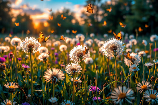 Fototapeta Golden light bathes a field of dandelions and vibrant wildflowers. Orange butterflies flutter around the fluffy seed heads in a serene natural scene.