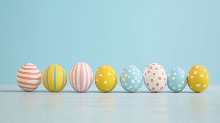 Fototapeta premium Colorful Easter eggs in a row on a pastel blue background, perfect for spring celebrations, Easter themes, family gatherings, and holiday decorations.