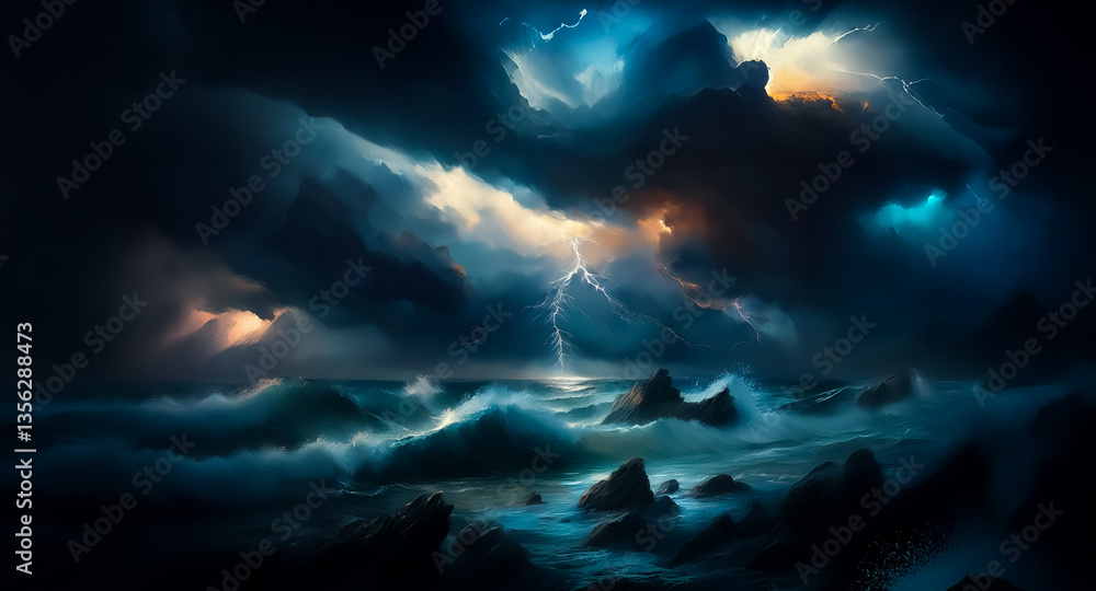 Poster a powerful storm rages above a dark ocean. lightning illuminates the turbulent waves crashing agains