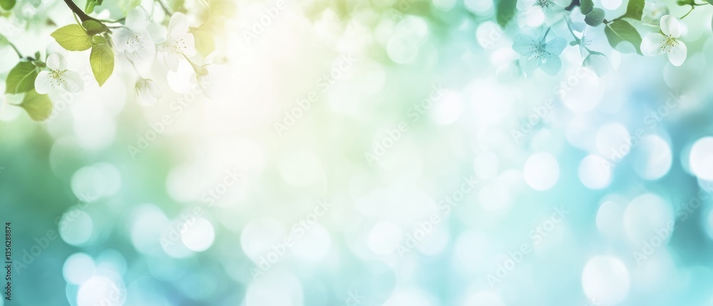 Poster serene nature background with soft bokeh lights, fresh green leaves, springtime vibes, perfect for e