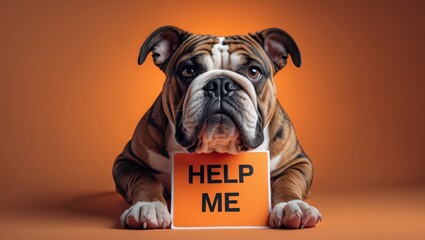 English Bulldog with a sign reading 'Help Me' against an orange background, conveying a sense of urgency and emotion