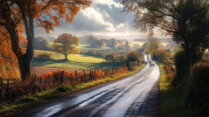 Obraz premium Autumnal road scene with luminous sky and colorful foliage backdrop
