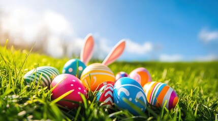Fototapeta premium Colorful Easter eggs hidden in green grass under a bright blue sky, springtime celebration, family traditions, festive outdoor activities, holiday joy.