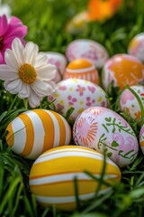Naklejka premium Colorful Easter eggs hidden in green grass, celebrating springtime, family traditions, holiday joy, colorful decorations, floral elements, festive atmosphere.