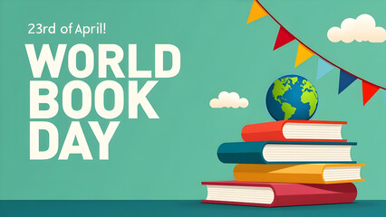 World Book Day Celebration – Stack of Books with Globes and Festive Decorations on Green Background