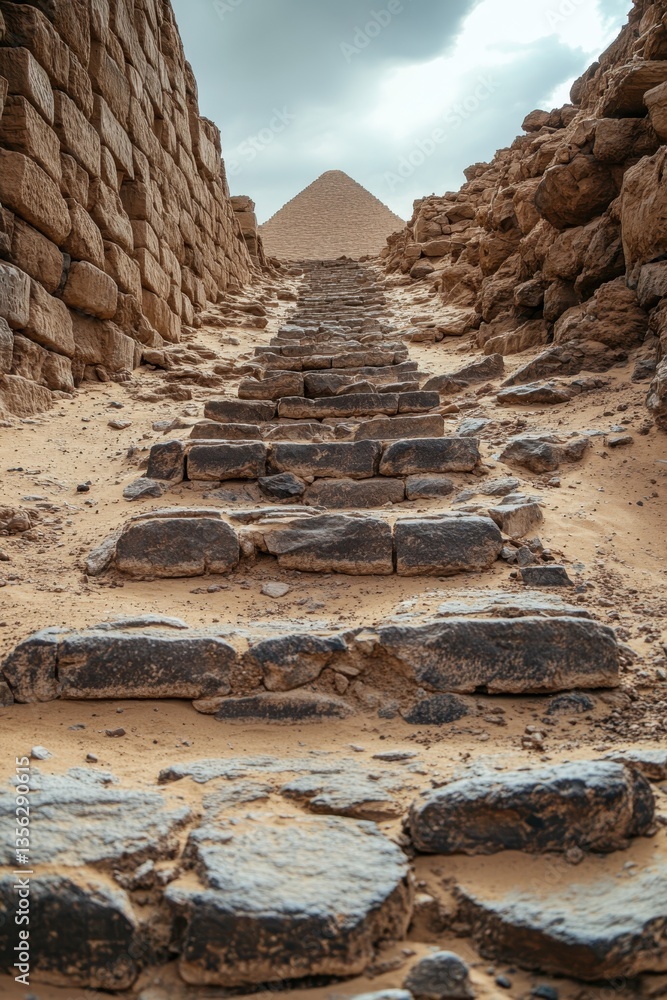 Poster ancient path to pyramid: a stone staircase leads the eye toward a majestic pyramid. a compelling vie