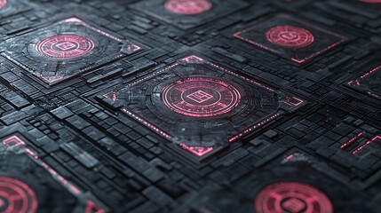 Futuristic tech circuit board with glowing symbols.