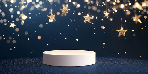  round podium with golden stars and fairy lights on a dark blue background.