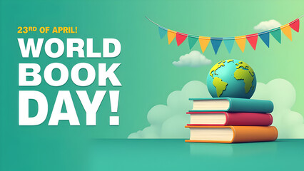 World Book Day Celebration – Stack of Books with Globes and Festive Decorations on Green Background
