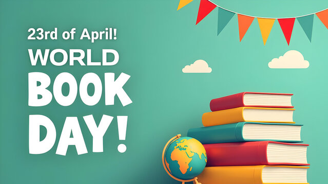 World Book Day Celebration – Stack of Books with Globes and Festive Decorations on Green Background - Powered by Adobe