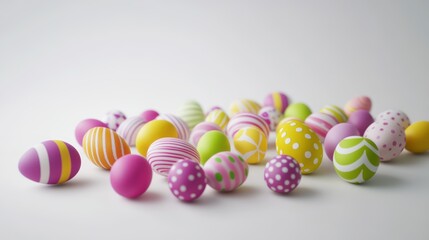 Fototapeta premium Colorful Easter eggs, decorated with patterns and vibrant shades, ideal for spring celebrations, holiday decorations, family gatherings, festive traditions, and crafts.