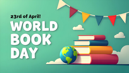 World Book Day Celebration – Stack of Books with Globes and Festive Decorations on Green Background