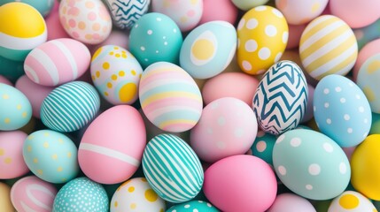 Fototapeta premium Colorful Easter eggs, decorated in pastel shades, patterned designs, perfect for spring celebrations, family activities, holiday crafts, and seasonal joy.