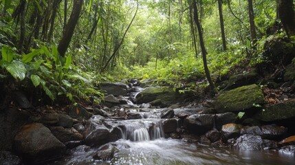 Fototapeta premium Serene jungle stream cascading over mossy rocks with lush vegetation