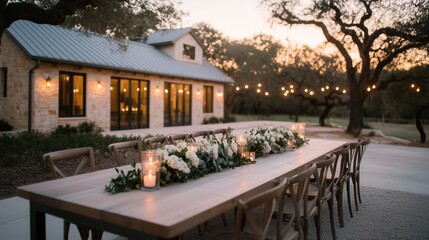 Outdoor wedding dinner setup with floral arrangements and candles at dusk. Elegant celebration