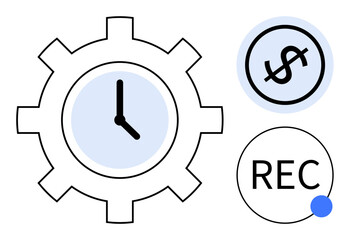 Clock within gear, dollar sign in circle, recording label with dot. Ideal for productivity, efficiency, automation, monitoring, budgeting finance scheduling. Flat simple metaphor