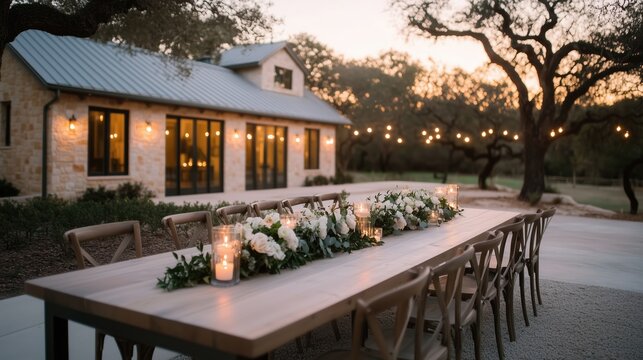 Outdoor wedding dinner setup with floral arrangements and candles at dusk. Elegant celebration