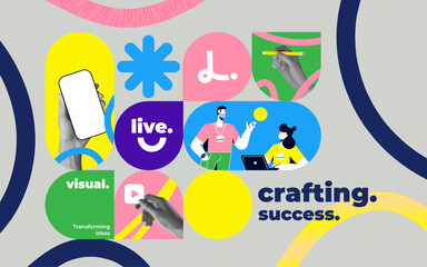 Fashionable halftones collage business concept. Concept of idea, financial profit, Digital marketing. Trendy modern retro illustration in bright trendy colors. Business concept, financial planning