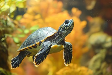 An aquatic turtle gracefully swimming within an aquarium environment