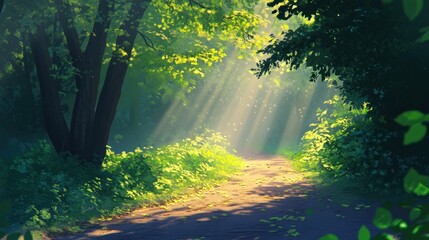 Obraz premium Sunlight filtering through a tranquil forest path in a dreamy illustration