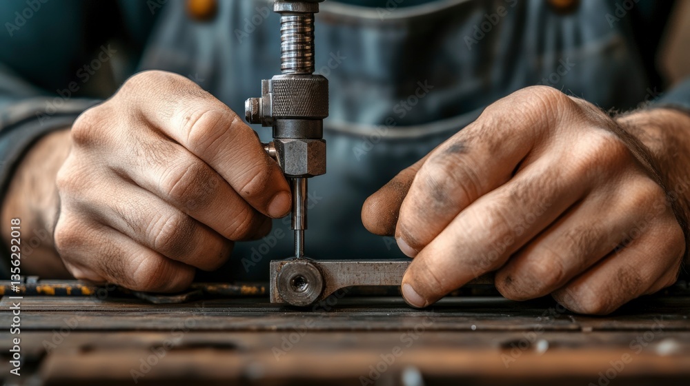 Poster worker using digital caliper to verify precision in workshop setting for quality control