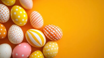 Obraz premium Colorful Easter eggs arranged on a bright orange background, perfect for spring celebrations, festive decor, holiday crafts, Easter Sunday, and family gatherings.