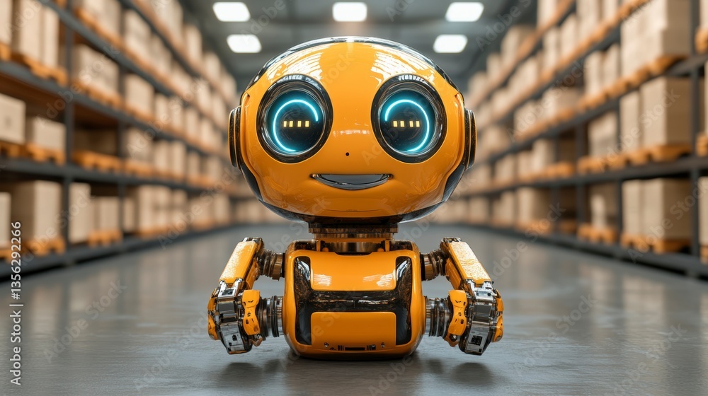 Poster friendly robot assistant in high-tech warehouse for efficient sorting and packing processes