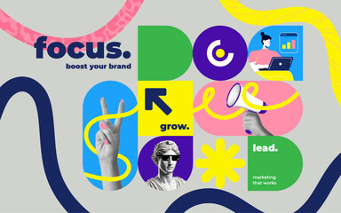 Fashionable halftones collage business concept. Concept of idea, financial profit, Digital marketing. Trendy modern retro illustration in bright trendy colors. Business concept, financial planning