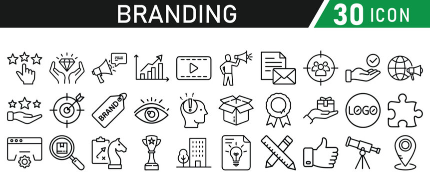 Branding icon set liner style. Containing marketing, product, design, brand development, social media, and advertising icons. Solid icons collection.