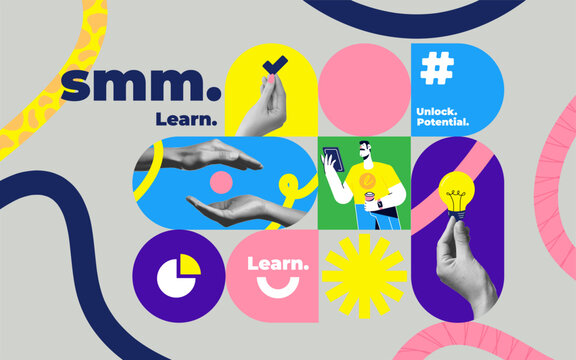 Geometric collage of diverse people, active users or bloggers, influencers creating selling content, sharing with their followers, with like, comment, save icons below. Art collage, Modern art collage