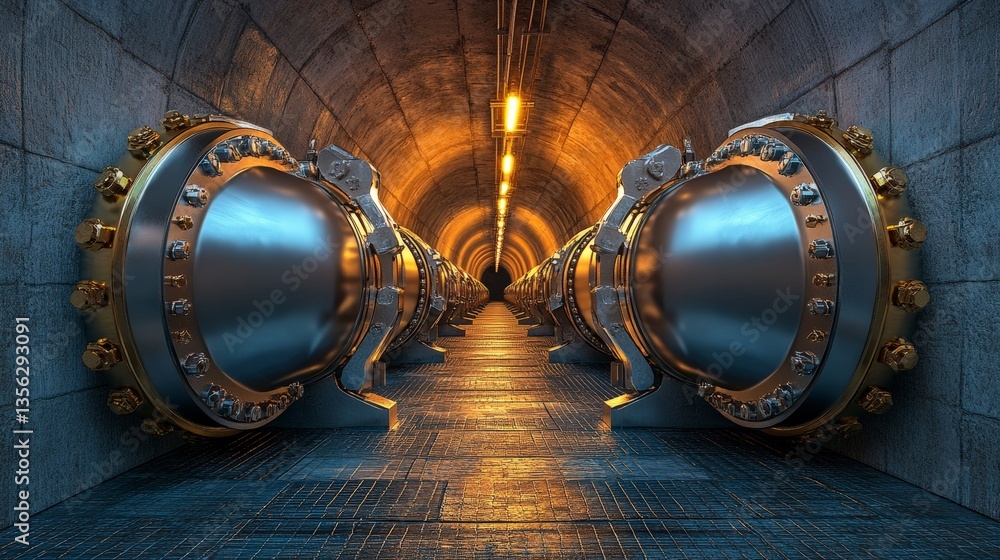 Poster high-tech steel water pipeline system in modern tunnel with advanced engineering design