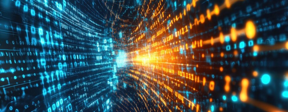 Abstract background with a glowing digital wave and binary code in dark blue, orange, and turquoise colors. - Powered by Adobe