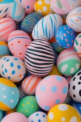 Fototapeta premium Colorful decorated Easter eggs, vibrant pastel patterns, spring celebration, holiday traditions, Easter festivities, family gatherings, seasonal joy, creative designs.