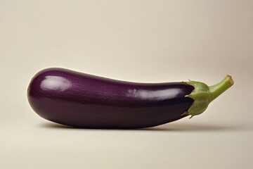A single long purple eggplant sits isolated on a light background