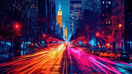 A high-angle long exposure photograph of a busy city street at night, with vibrant red, orange, and yellow light trails from vehicles filling the center of the image.