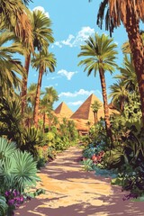 Fototapeta premium Ancient Wonders: An artistic view showcasing the pyramids of Giza from a pathway surrounded by lush palm trees, under a bright blue sky with fluffy clouds. A true fusion of history and nature.