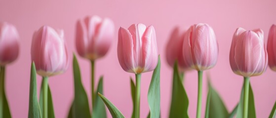 Fototapeta premium Pink tulips in a row, spring flowers blooming, natureâ€™s beauty, vibrant colors, Mothers Day gift idea, floral decor, floral arrangement, romantic present.