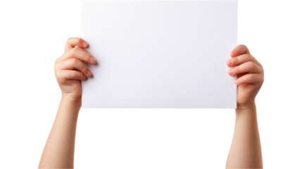 kid hands hold and show a blank white sheet