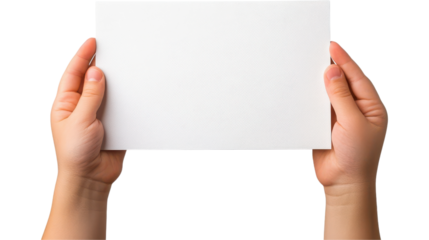 kid hands hold and show a blank white sheet