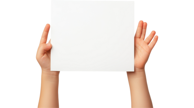 kid hands hold and show a blank white sheet
