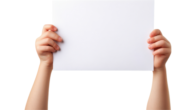 kid hands hold and show a blank white sheet - Powered by Adobe