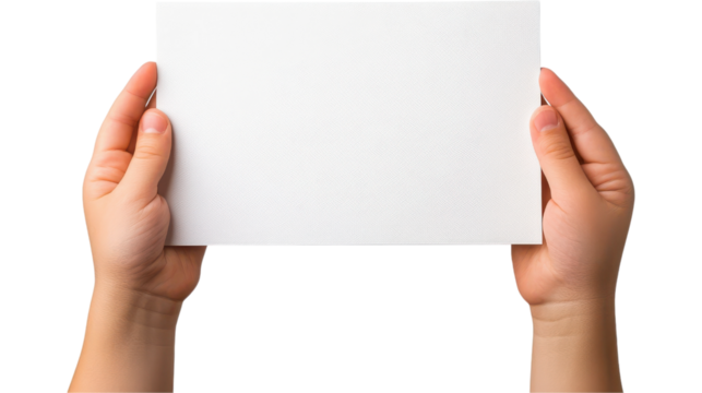 kid hands hold and show a blank white sheet