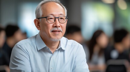 Naklejka premium Elderly Asian man in a classroom setting. Knowledge, wisdom, lifelong learning
