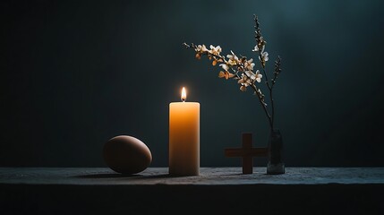 Easter still life with candle, egg, and flower branch